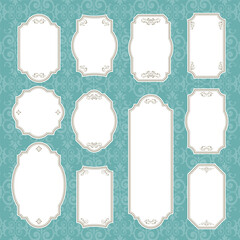 Set of vintage frames and borders isolated on pattern background.