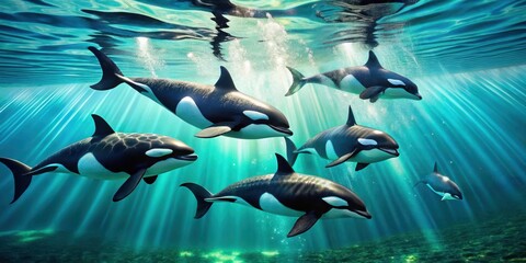 Obraz premium A pod of orcas gracefully swims in a vibrant underwater scene, sunlight filtering through the water, illuminating their sleek bodies and creating a mesmerizing spectacle