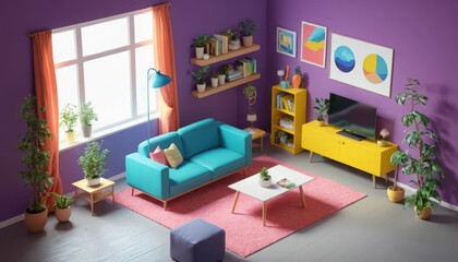 A vibrant living room featuring a blue sofa, colorful decor, plants, and modern furniture against a purple wall.