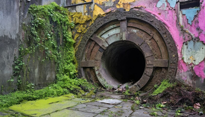 A rusty pipe opening surrounded by vibrant, peeling paint and overgrown greenery, showcasing an intriguing contrast between decay and nature.