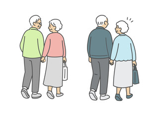 手をつなぐシニア夫婦の後ろ姿