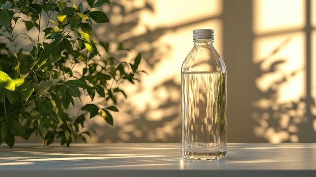 A front-facing shot of a glass water bottle with a sleek modern design, resting on a white table with soft, diffused lighting to enhance the bottle is elegant shape