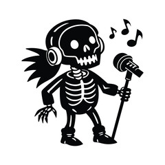 Silhouette of a little skeleton head with headphones and a microphone
