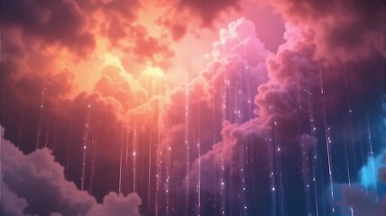 Dreamy scene where clouds rain glowing, rainbow-hued droplets. dolly in camera