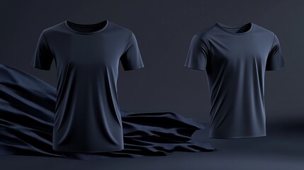 Two Navy Blue T-Shirts Arranged on a Matching Dark Blue Backdrop
