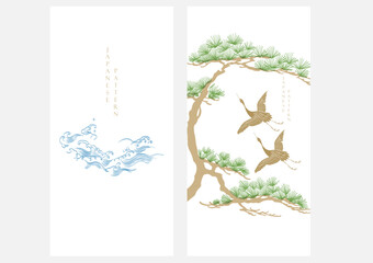 Japanese background with crane birds, line wave and bonsai tree pattern vector. Cultural art template with geometric wave pattern. Natural layout design in oriental style