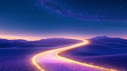 Fototapeta premium Luminous Soul Shaped Figure Ascending Along a Glowing Path Through a Starry Landscape at Dusk