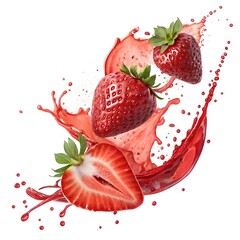 Sliced strawberry with dynamic red juice splash on white background &ndash; vibrant food photo manipulation.