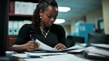 A payroll clerk processing payroll documents at a desk in an office, with financial records and reports visible.