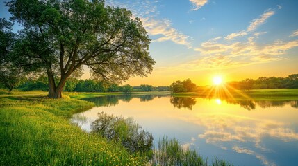 Obraz premium Vibrant Sunset Reflection on Peaceful Lake in Nature