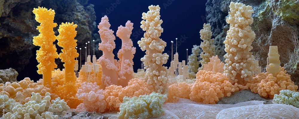 Poster 3d rendered visualization of nano scale sensors in an artistic coral-like environment with textured 