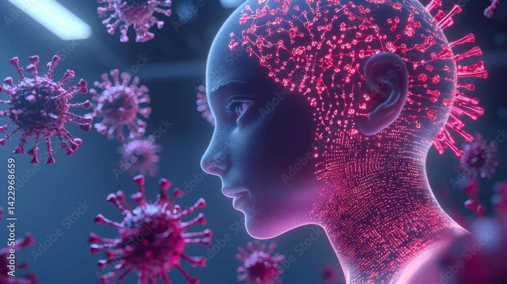 Poster close-up of cloned human embryo surrounded by glowing elements with a futuristic design and intricat