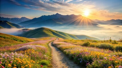 Serene Sunrise Over Rolling Hills and Vibrant Wildflower Meadow, A Picturesque Path Winding Through Nature's Beauty