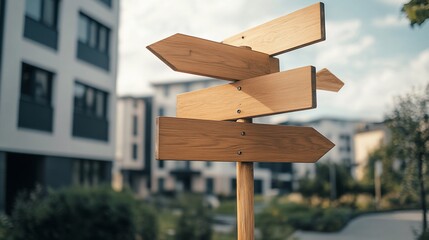 Directional decisions, Wooden signpost guiding through modern architecture and choices