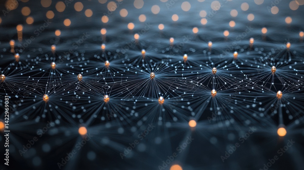 Poster close-up of a breathtaking nano fiber network weaving an intricate web of lights and connections in 