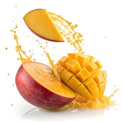 Floating mango slices with golden juice splash on white background – tropical fruit photo manipulation