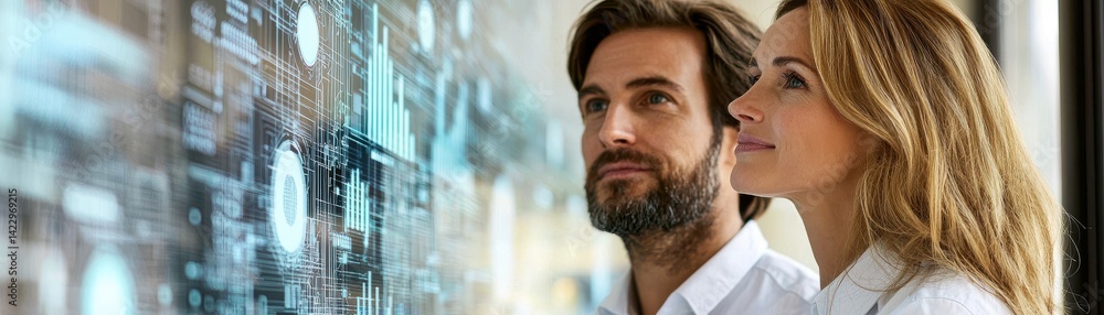 Poster professional business consultants collaborating using advanced data analytics and ai technology for 