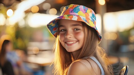 Portrait of a Smiling Young Girl in a Colorful Hat Enjoying Summer Days