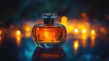 A macro shot of a perfume bottle with a translucent design, illuminated with soft lighting to bring out the delicate features of the bottle and perfume inside
