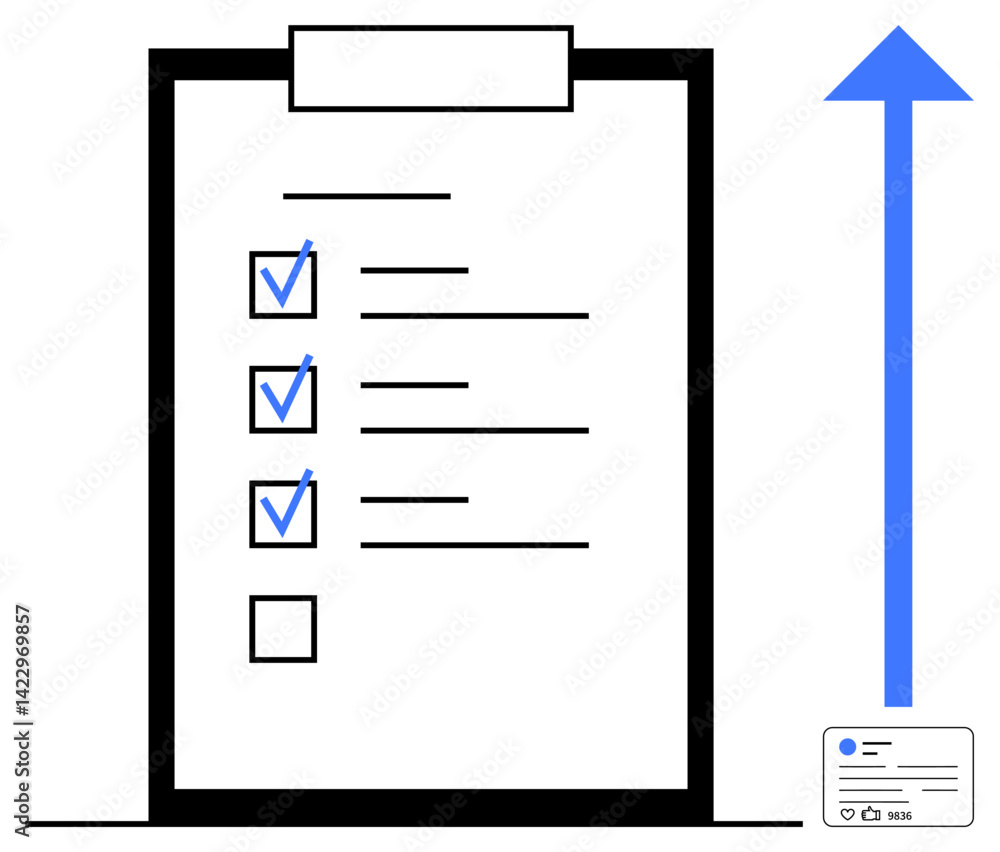 Aufkleber checklist on clipboard with marked tasks next to a growing upward arrow and a small id card. ideal f