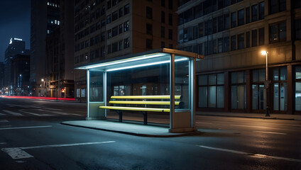 Fototapeta premium Modern Urban Night Scene with Bus Stop and Yellow Bench