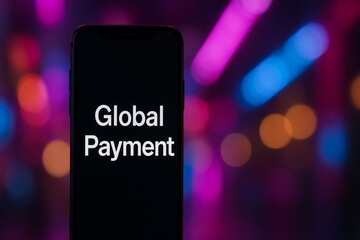 Mobile phone displaying global payment technology in digital business financial transaction concept
