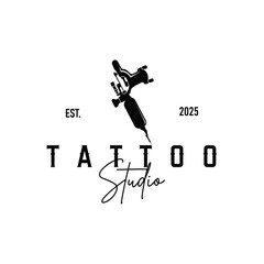 black silhouette illustration logo tattoo machine with vintage old retro minimalist concept template symbol tattoo studio design