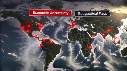 Economic risk unemployment geopolitics World map highlighting regions of economic uncertainty and geopolitical risk with marked locations.