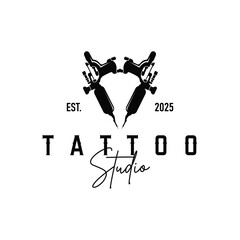 black silhouette illustration logo tattoo machine with vintage old retro minimalist concept template symbol tattoo studio design