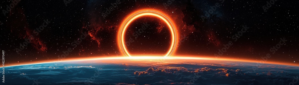 Poster breathtaking cosmic eclipse over a planetary landscape with rings and celestial elements in a stunni