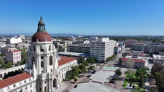 aerial footage of city hall, office buildings and apartments in Pasadena California USA