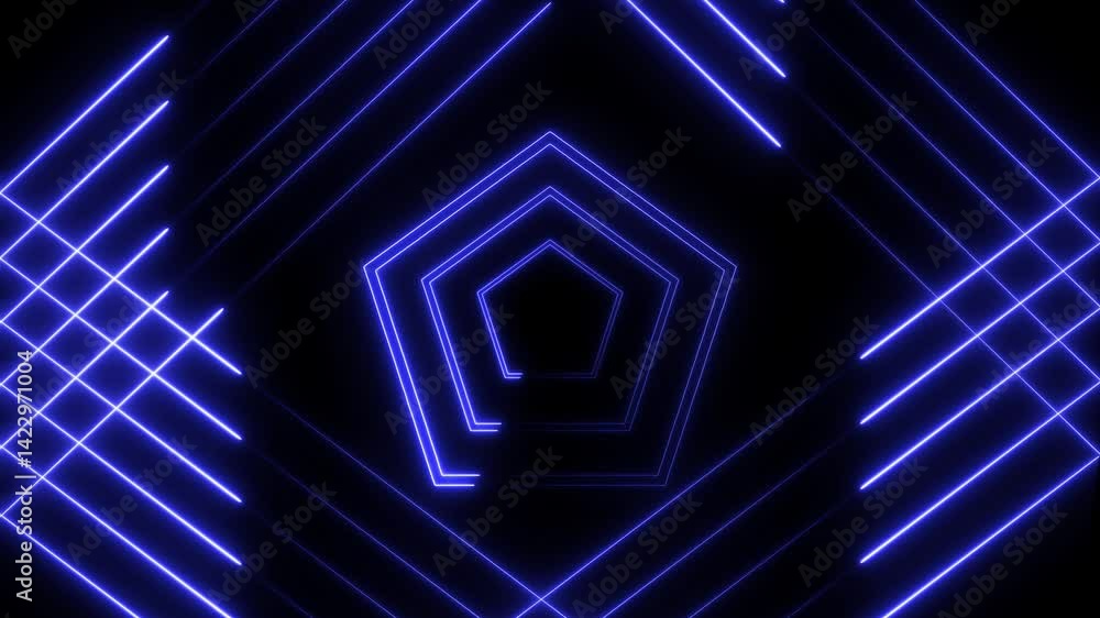 Poster tunnel of distorted hexagon outlines moving with spotlights bule color on black background