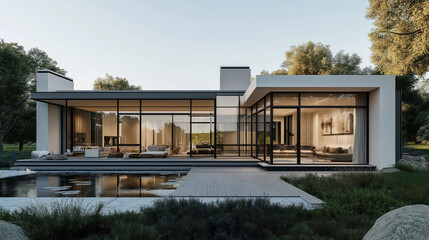 Modern Minimalist House with Glass Walls and Pool in Natural Landscape