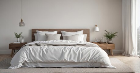 Crisp white linens on a king-size bed, minimalist Scandinavian bedroom ,  house,  wood,  minimalist