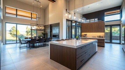  Soft, recessed lighting illuminates the clean countertops, while large windows allow natural light to fill the room, creating an open, airy feel