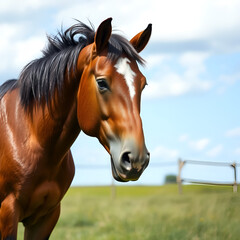 Fototapeta premium Portrait of a bay south german draft horse on a pasture in summer outdoors
