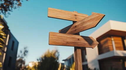 Wooden direction sign with two arrows against modern residential backdrop