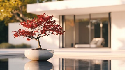 Japanese Maple Bonsai Tree Reflecting in Water Feature at Modern Home