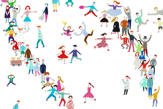 手描きイラスト　行列に集まる人々