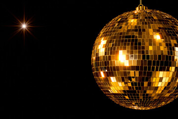 Obraz premium Golden disco ball with mirrored surface tiles reflecting light sparkles, digital style, on dark background. Concept of nightlife party celebration. Ai generative