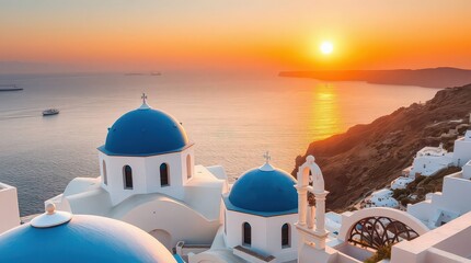 Aerial view of white buildings with blue domes near the sea at sunset in santorini greece © Luminary Shots