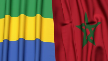 Flags of GABON and MOROCCO with realistic cloth texture