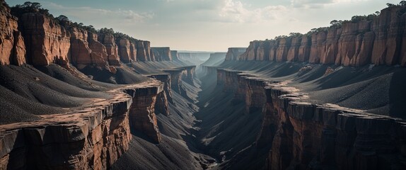 Sooty canyon walls wide angle panoramic view horizontal symmetric background jagged rocks reaching for the sky.