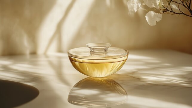 A front-facing shot of a high-end glass perfume bottle with a minimalist design, resting on a white marble countertop, illuminated by soft diffused lighting