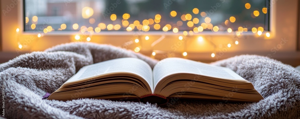 Poster cozy reading nook with plush blanket and open book surrounded by soft lights for a warm atmosphere