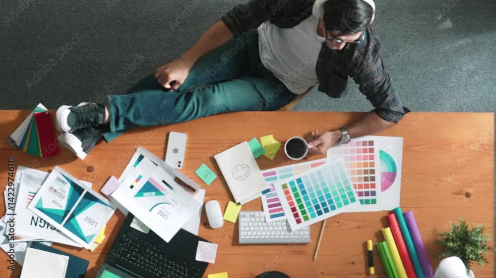 Poster top down aerial view of relaxed manager drinking a coffee while design color. aerial view of smart i