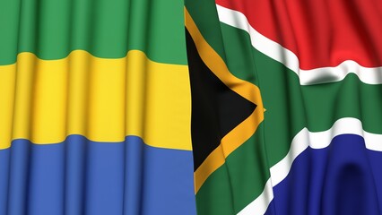 Flags of GABON and SOUTH AFRICA with realistic cloth texture