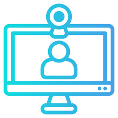 Computer monitor displays person with microphone. Ideal for virtual meetings, online presentations, video conferences, remote work, communication concepts.