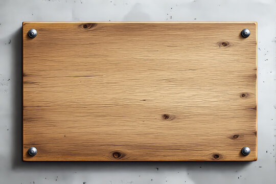 Wooden notice board with metallic screws in each corner, displayed in realistic graphic style on a light concrete wall background. Concept of signage. Ai generative