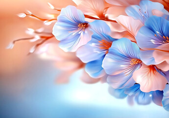 Beautiful, colorful flowers and pink hair in the background, with pastel colors, a blurred background, soft light, a bokeh effect, close-up